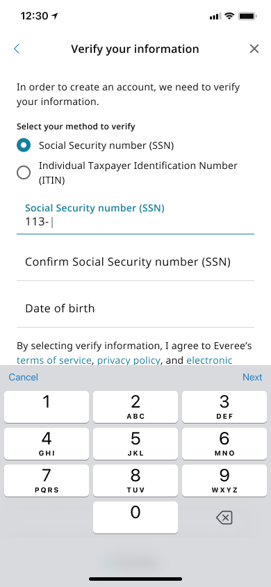A screen showing that the user needs to verify their information.